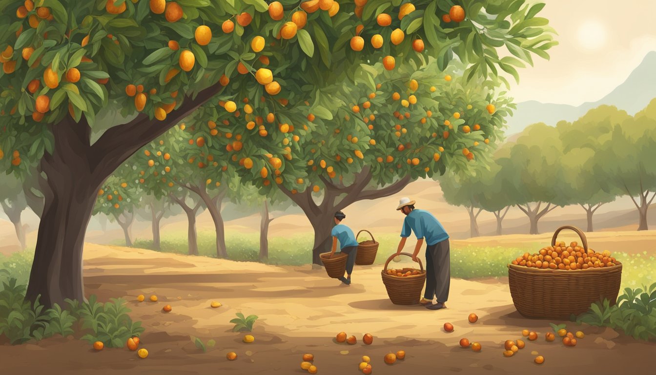 Jujube trees with ripe fruit, scattered on the ground, and a farmer harvesting jujube with a basket