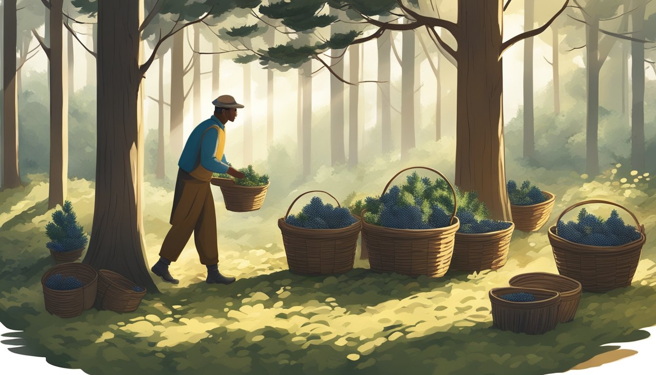 A figure gathers juniper berries in a forest clearing, surrounded by baskets and tools for processing. Sunlight filters through the trees, casting dappled shadows on the ground