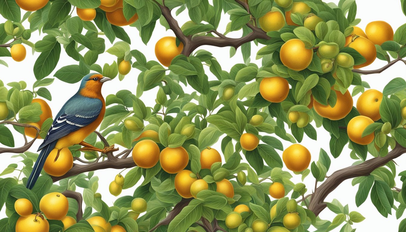 A jujube tree adorned with ripe fruit, being foraged by birds and small animals