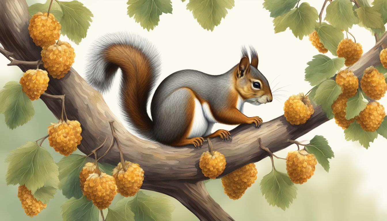 A squirrel perched on a tree branch, gathering ripe California hazelnuts and storing them in its cheek pouches