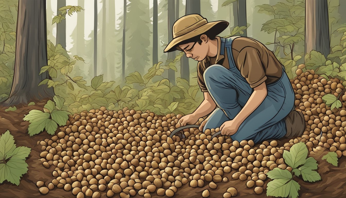 A figure collects ripe California hazelnuts from the forest floor, using a small rake to gently gather the fallen nuts