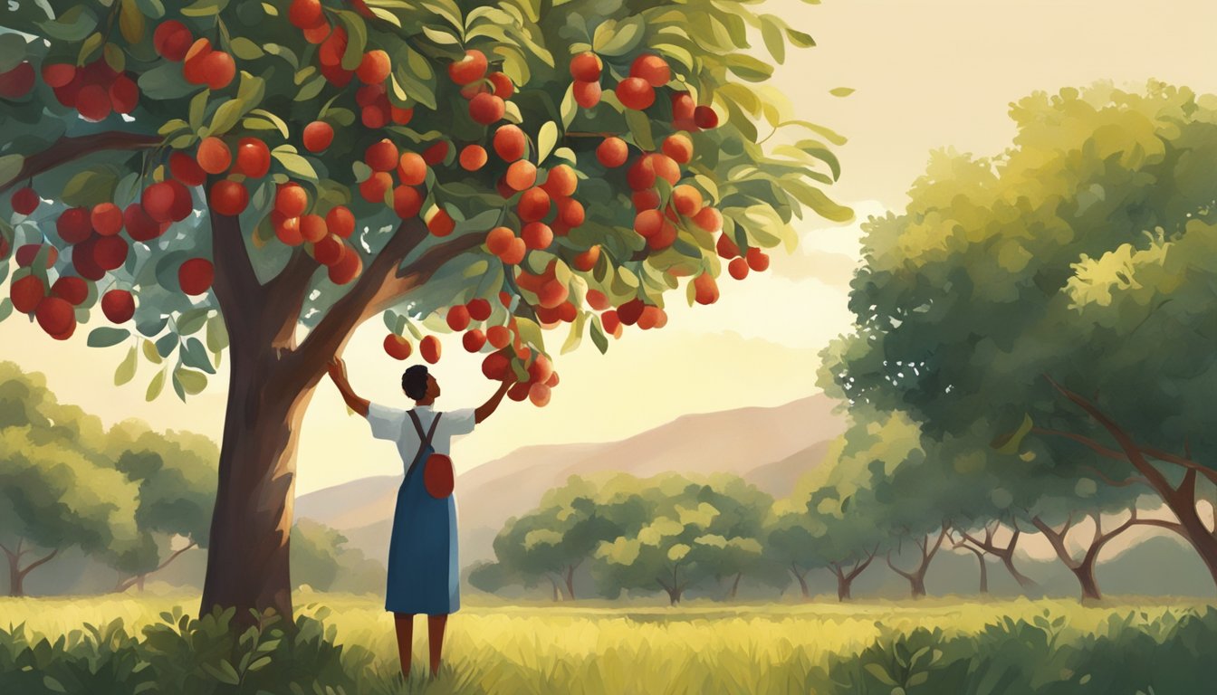 A lush jujube tree stands in a sun-dappled orchard, laden with ripe red fruits. A figure reaches up to pluck the nutritious jujubes from the branches