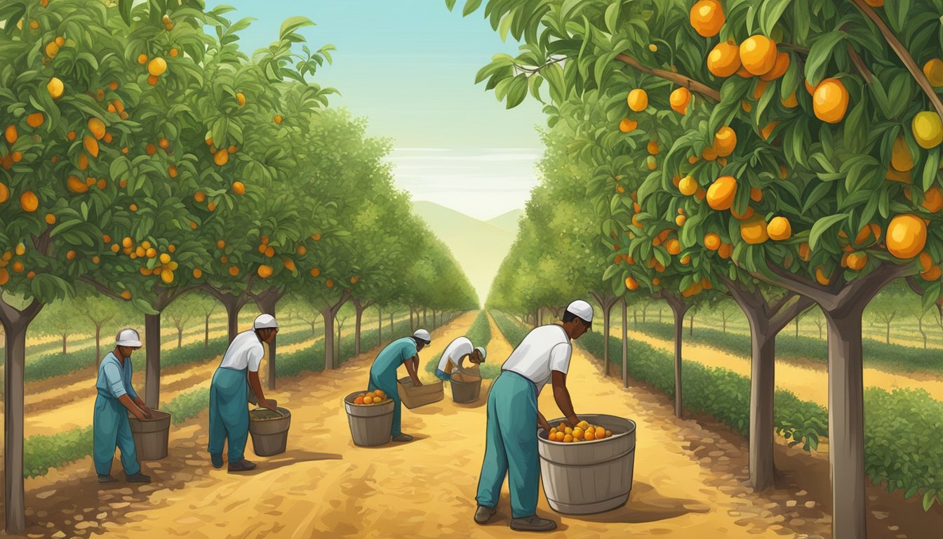 A jujube orchard with ripe fruit being harvested by workers