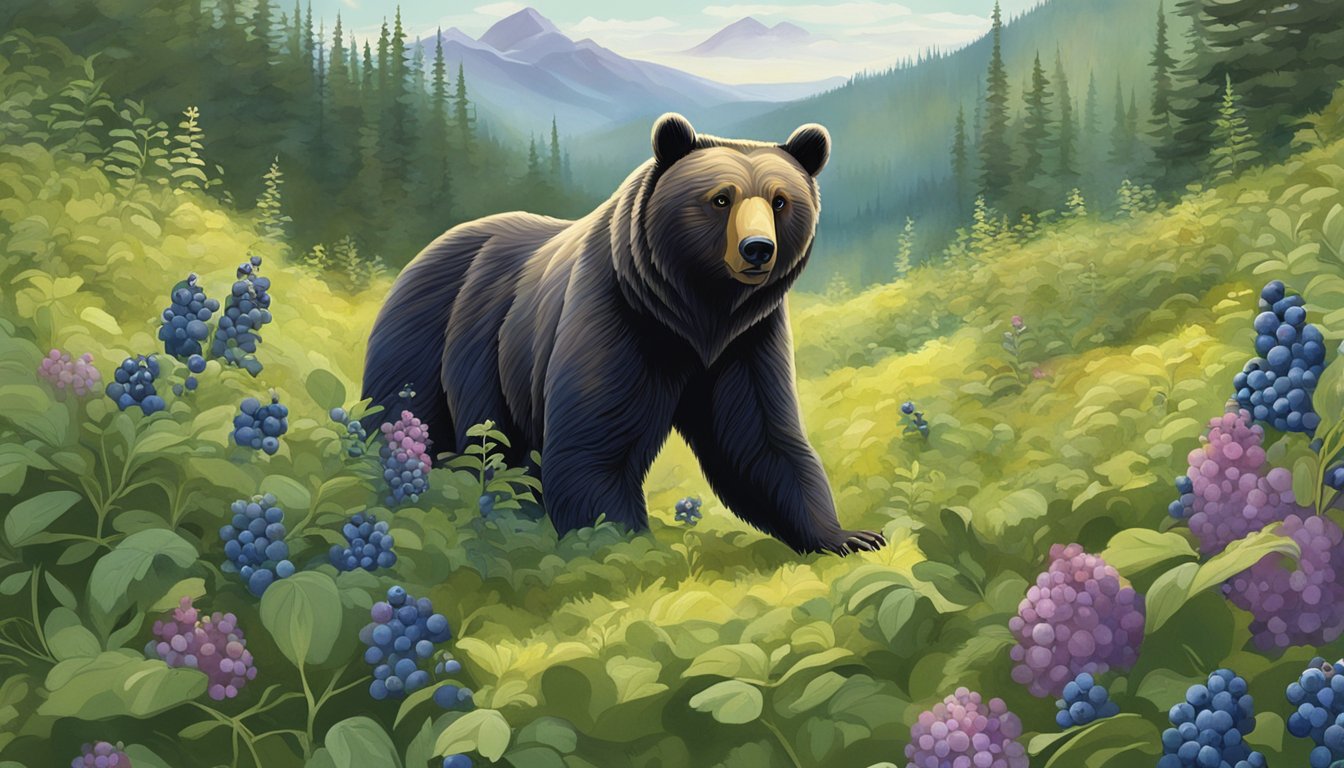 A bear foraging for lowbush blueberries in a lush, wild landscape