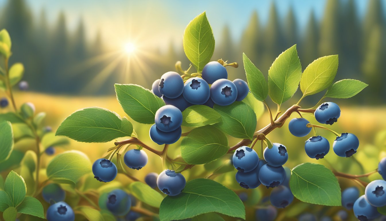 Lowbush blueberry bushes dotting a sunlit field, ripe berries ready for harvest