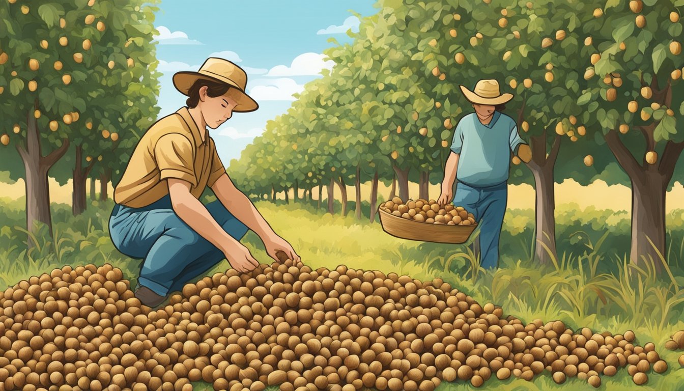 A person gathering ripe hazelnuts from the ground in a California orchard