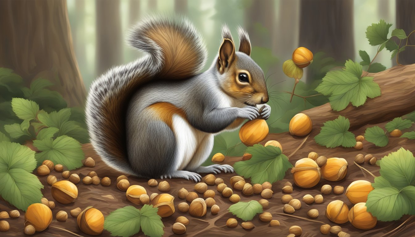 A squirrel gathering California hazelnuts from the forest floor