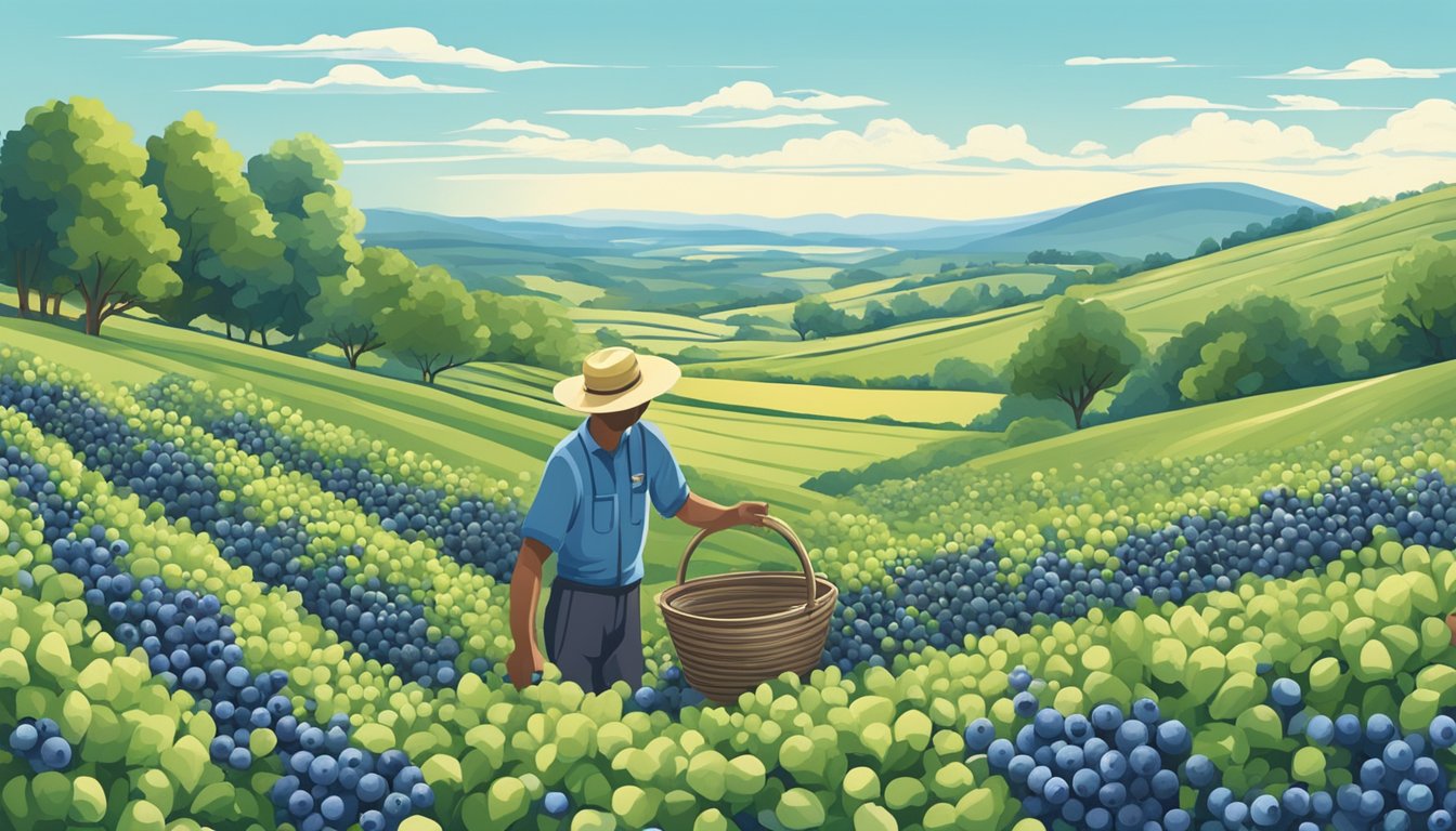 A farmer carefully picking ripe lowbush blueberries in a vast field, surrounded by rolling hills and a clear blue sky