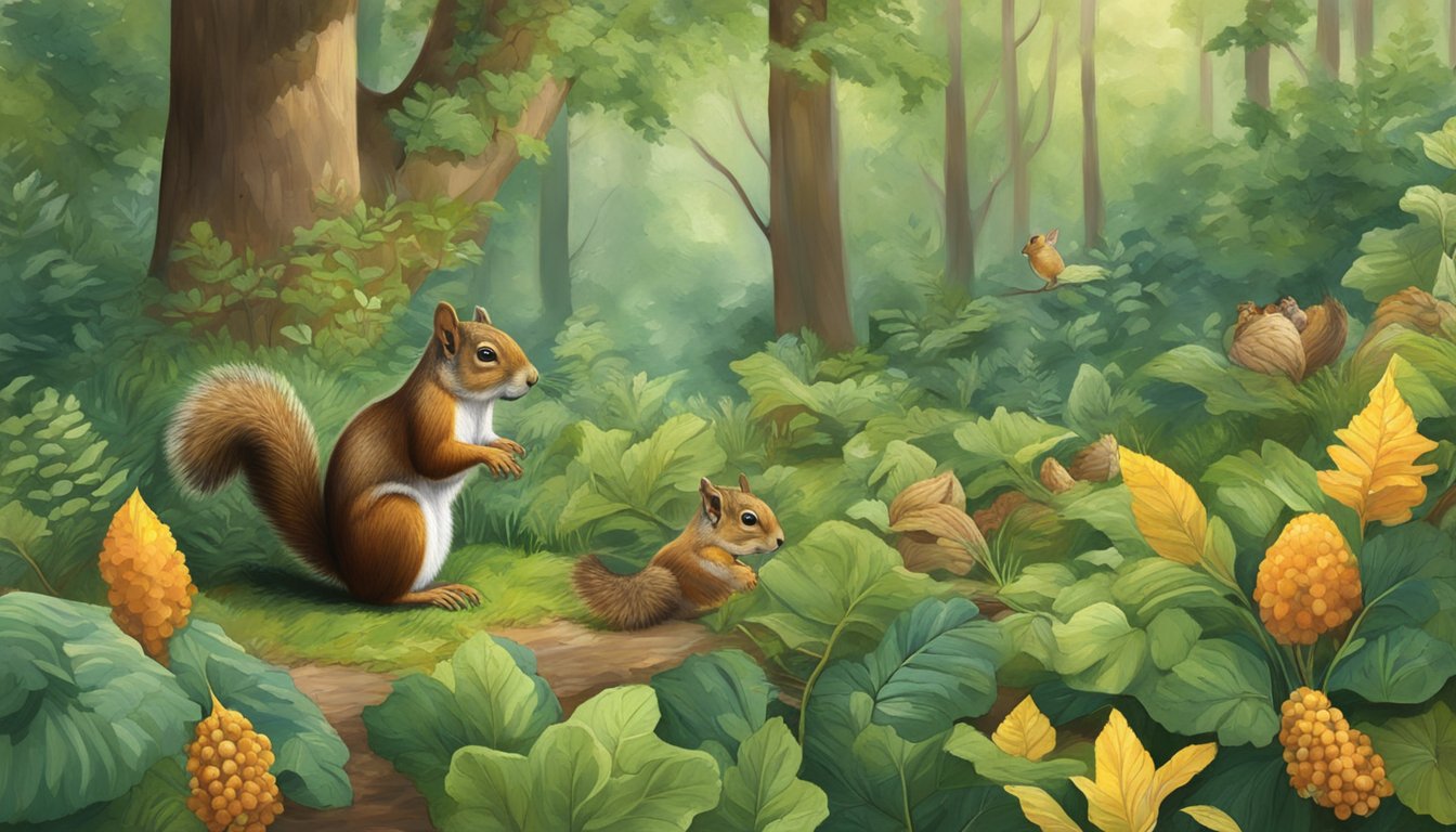 A squirrel forages for California hazelnuts among the lush foliage of a forest, surrounded by diverse plant life and small animals