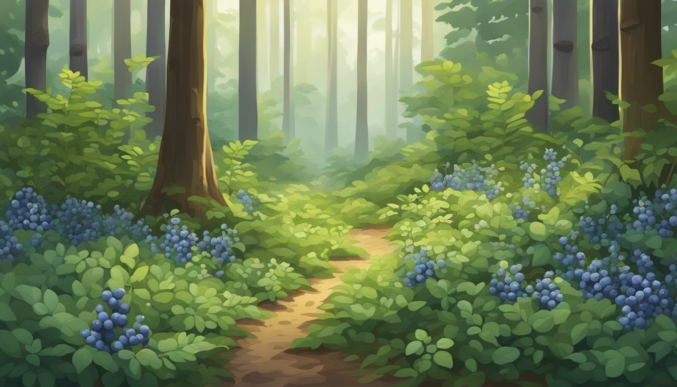 A lush forest floor with small, wild blueberry bushes and various regional plants