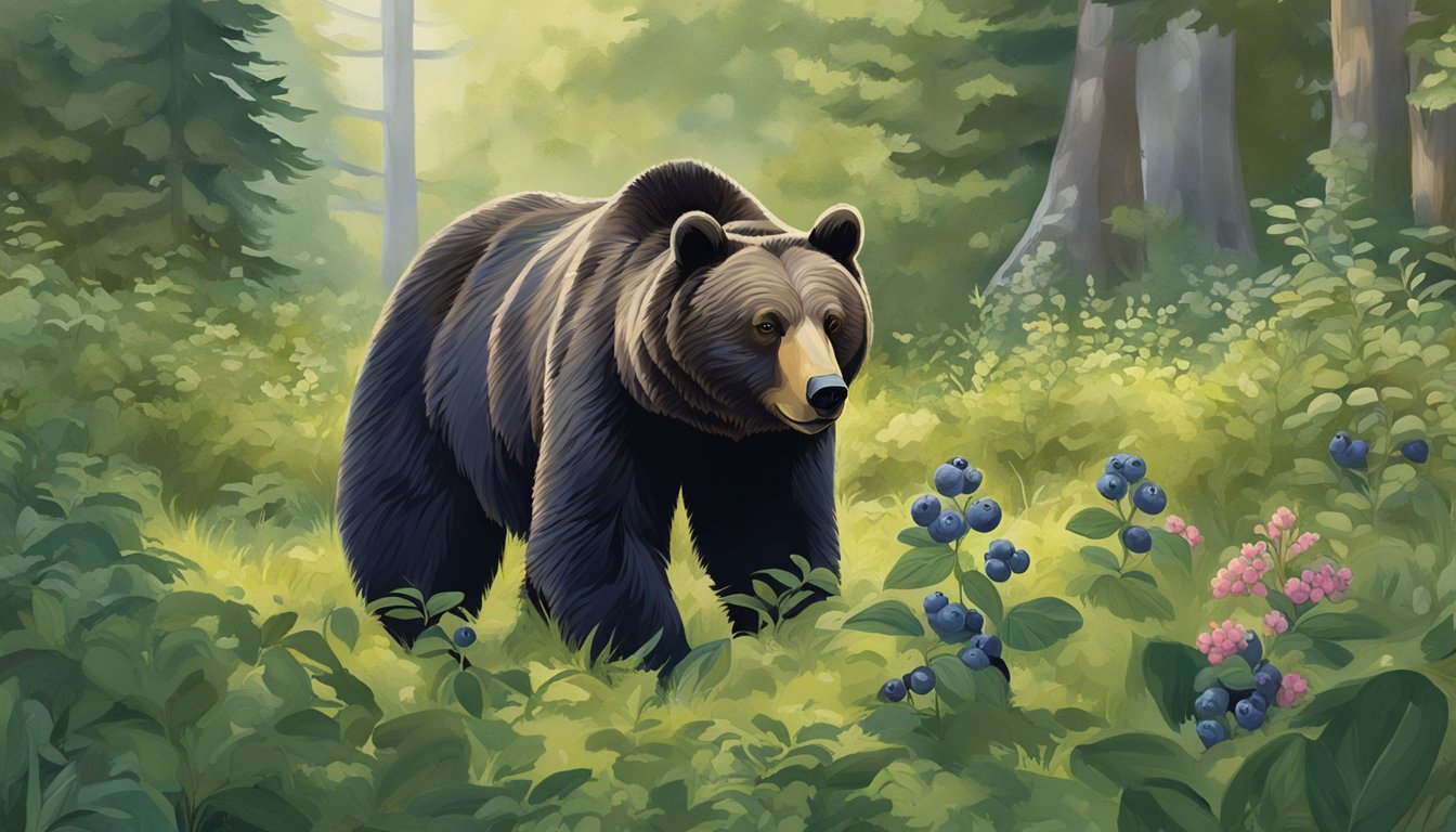 A bear forages for lowbush blueberries in a lush, wild landscape, surrounded by native plants and wildlife