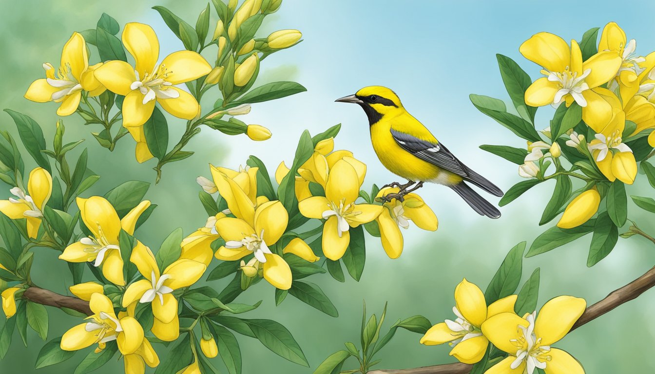 Bright yellow carolina jessamine flowers being collected by a foraging bird