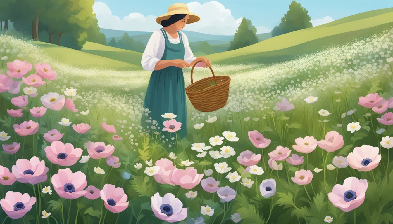 A meadow filled with blooming anemone flowers, with a figure gently collecting the delicate blossoms in a woven basket