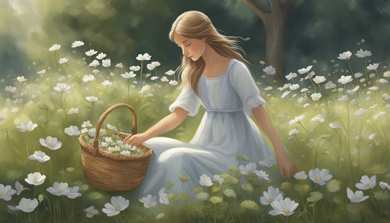 A figure delicately plucks meadow anemones from the grassy field, careful not to disturb the surrounding flora. The soft petals and slender stems are gently collected in a woven basket