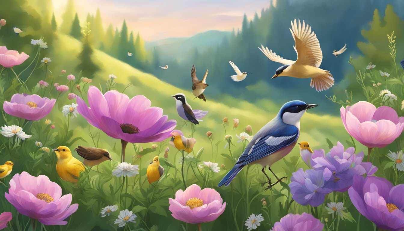 A lush meadow with anemone flowers scattered throughout, with birds and small animals foraging and harvesting seeds among the foliage