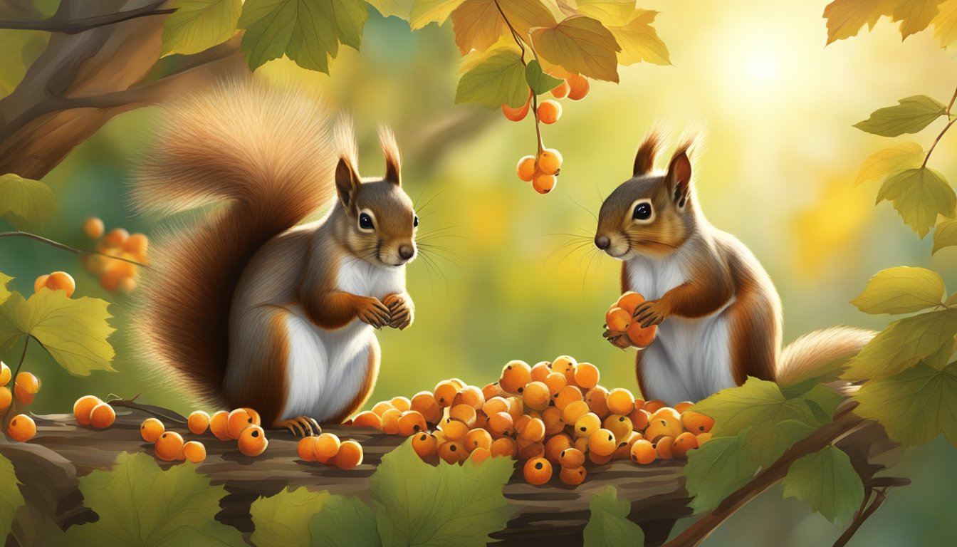 A squirrel forages and harvests mapleleaf viburnum berries in a lush forest under the warm glow of the sun