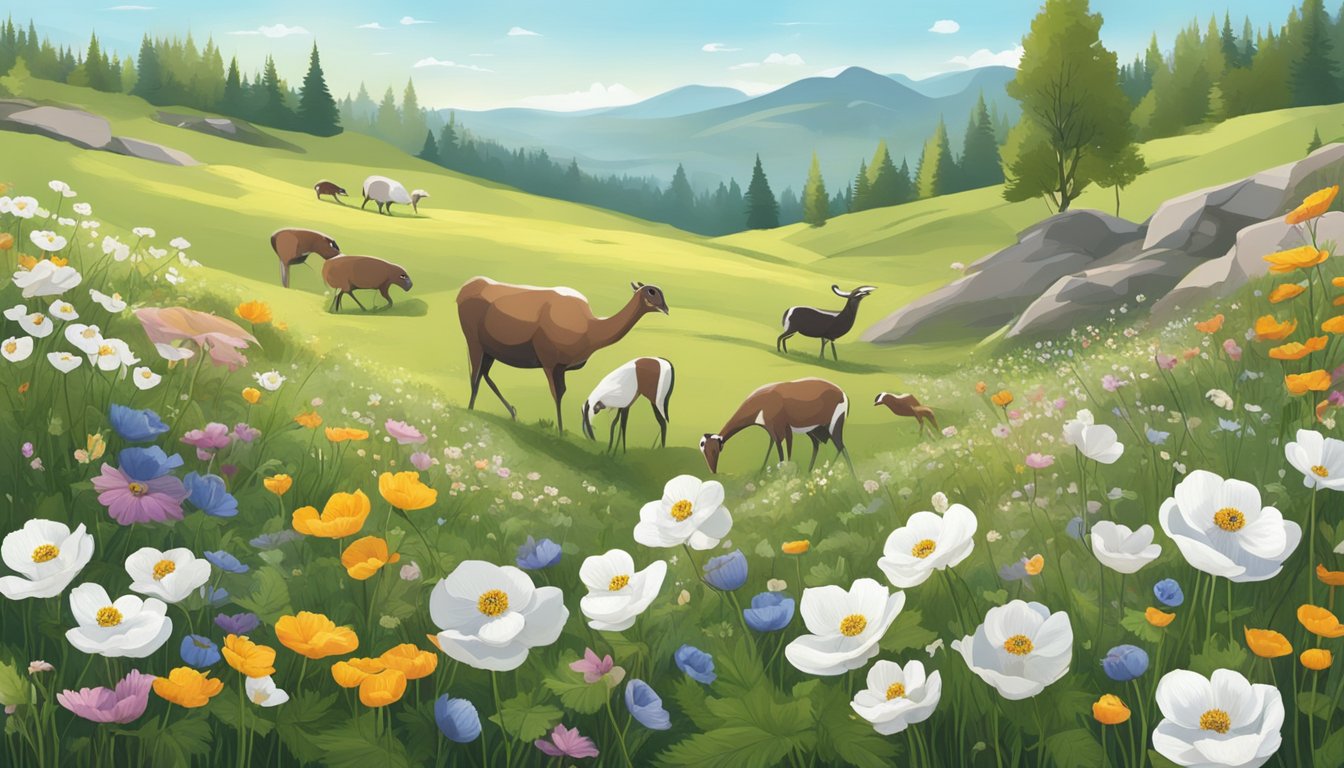 A meadow filled with blooming anemones, with animals foraging and gathering the delicate flowers