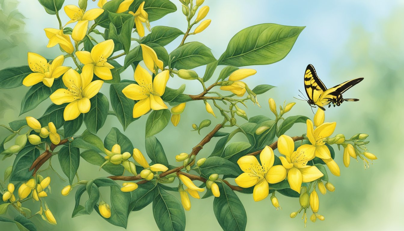 A Carolina jessamine vine climbs a tree, attracting bees and butterflies, providing food and shelter for wildlife