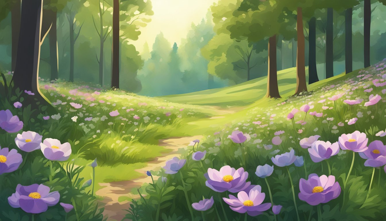 A meadow with anemone flowers in various stages of growth, surrounded by lush greenery and dappled sunlight filtering through the trees