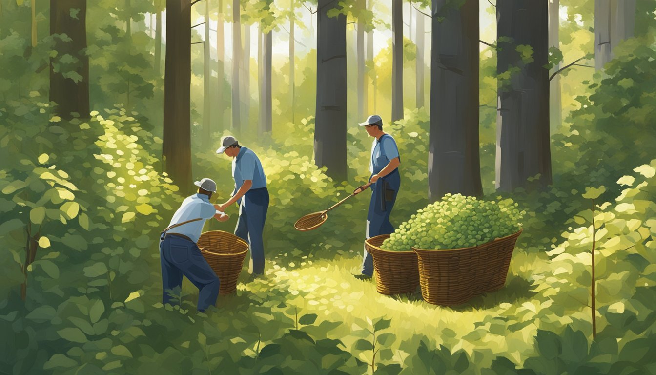 Mapleleaf viburnum being harvested in a forest clearing, with various tools and baskets scattered around. The sun is shining through the trees, casting dappled light on the scene