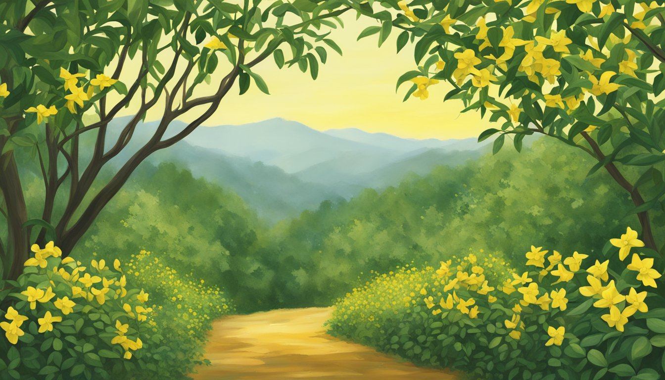 Carolina jessamine vines weaving through a forest, bright yellow flowers blooming amidst green leaves, symbolizing cultural significance through foraging and harvesting