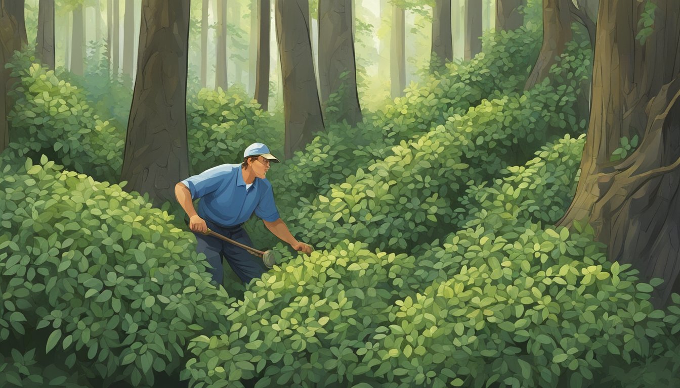 A figure collecting mountain laurel branches from a dense forest undergrowth