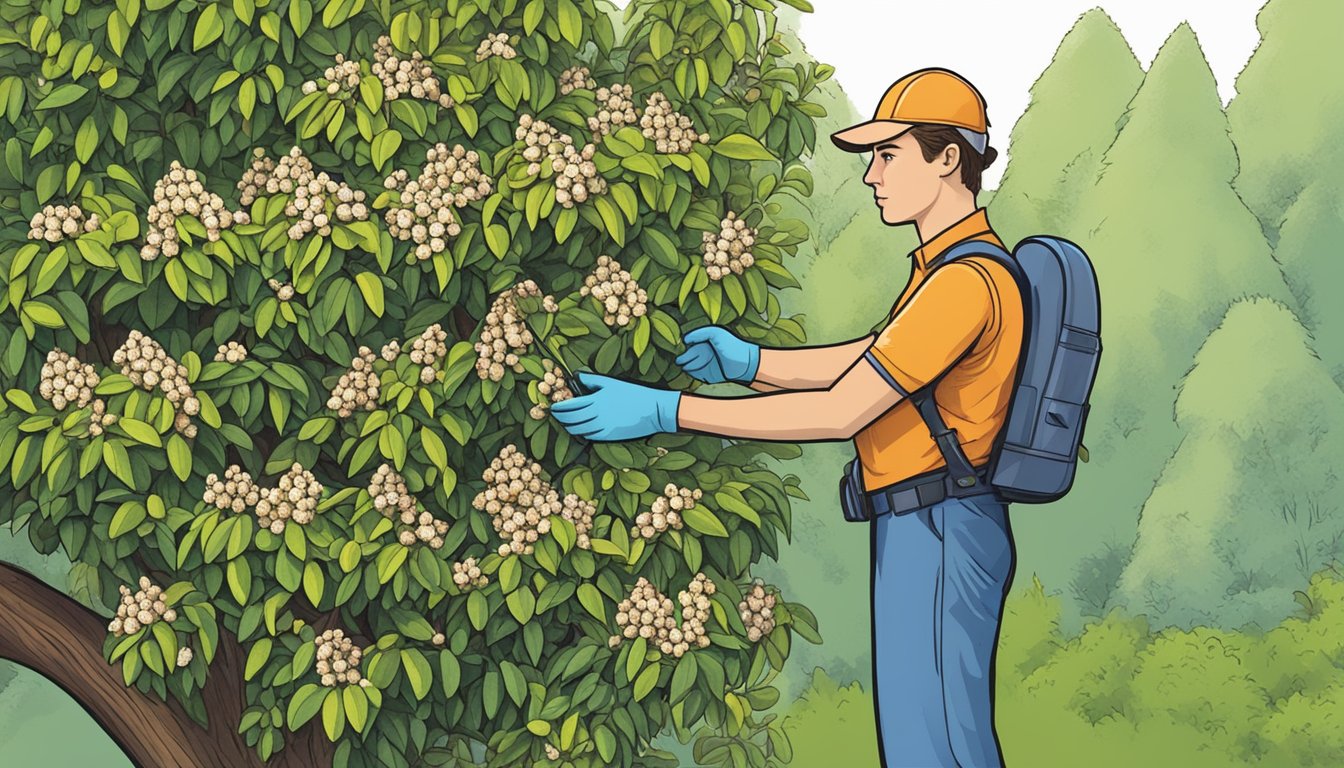 A mountain laurel bush infested with pests and affected by disease, with a gardener applying management techniques