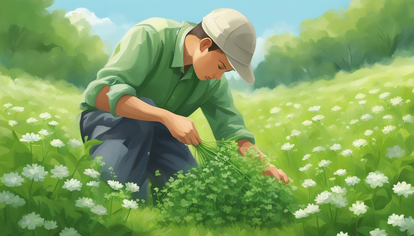 A person foraging chickweed in a lush, green field, carefully plucking the delicate leaves and stems