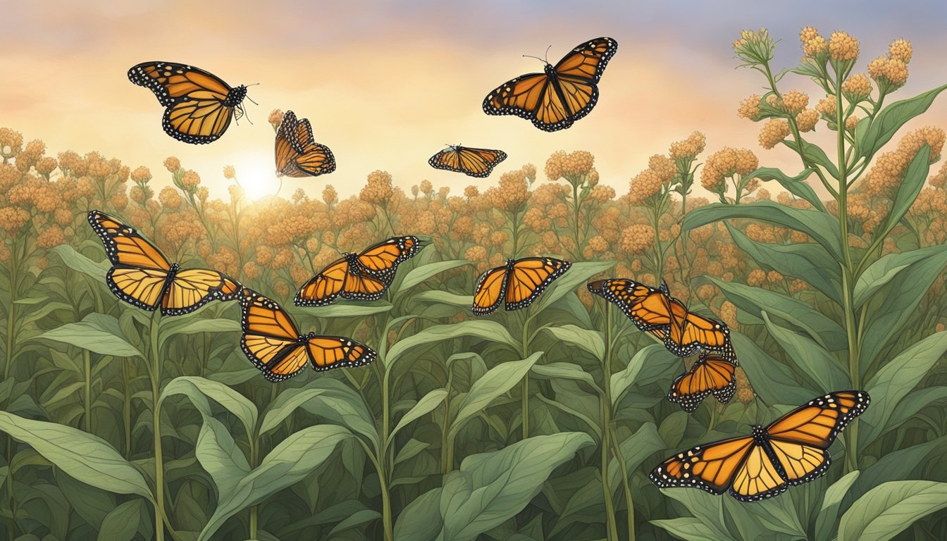 A group of monarch butterflies flutter around a field of milkweed plants, while a person carefully collects the pods for preservation