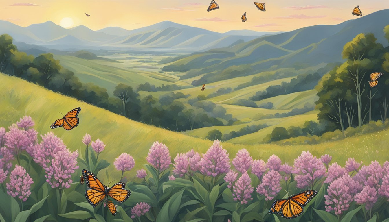 A lush field of milkweed plants, with monarch butterflies fluttering among them. A group of people carefully collecting the milkweed pods, surrounded by a landscape of rolling hills and distant mountains