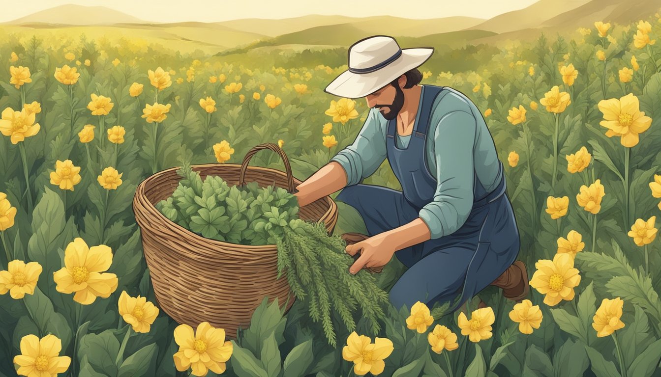 A person gathers mullein leaves and flowers in a field, using a knife to cut the plant and a basket to collect the foraged herbs