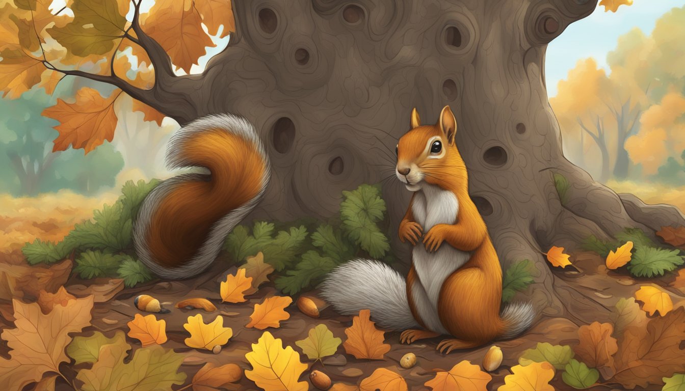 An oak tree with acorns scattered on the ground, surrounded by fallen leaves and branches. A squirrel is seen foraging for acorns amidst the foliage