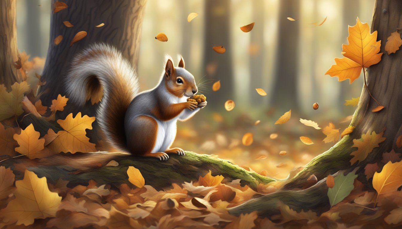 A squirrel gathering acorns from an oak tree, surrounded by fallen leaves and branches on the forest floor