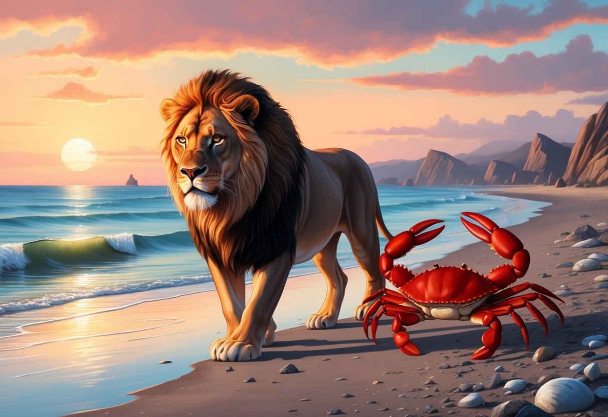 A lion and a crab walking side by side along the shore at sunset