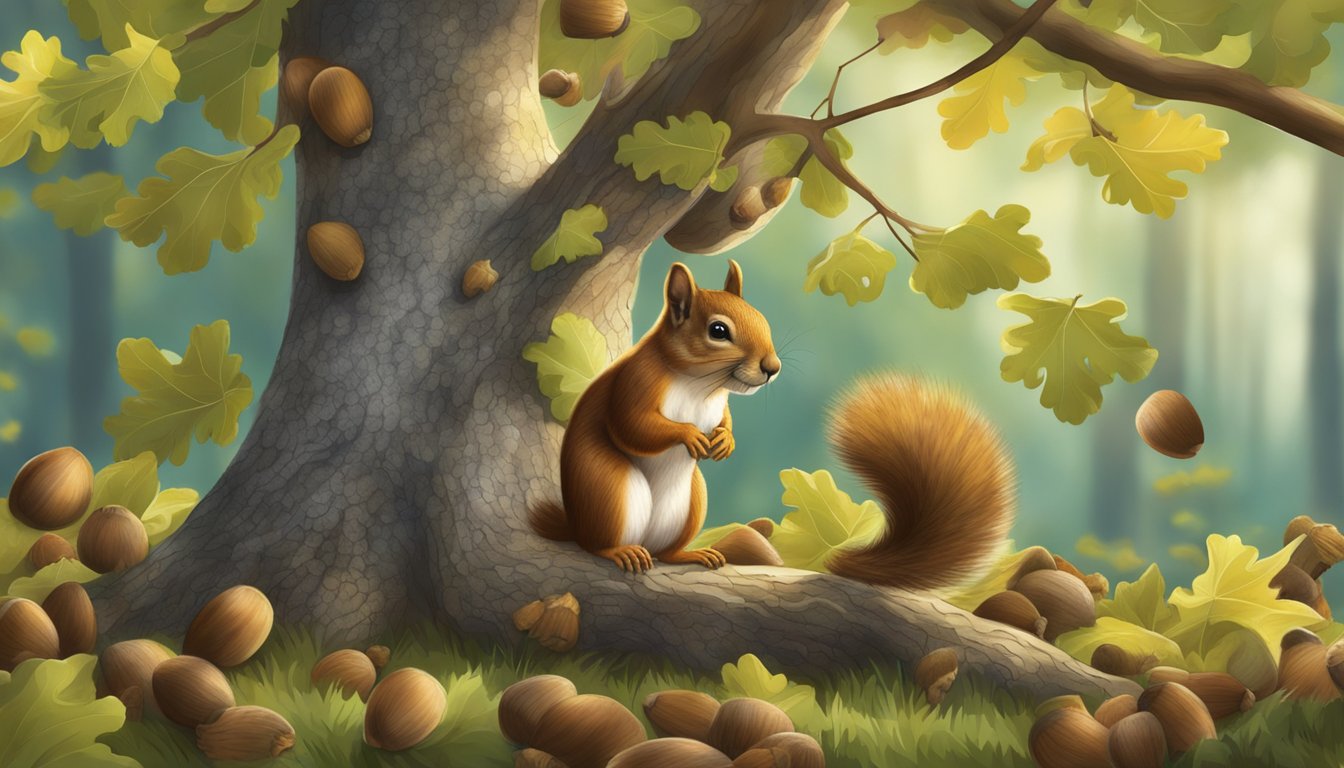 A squirrel gathering acorns from an oak tree in a forest clearing