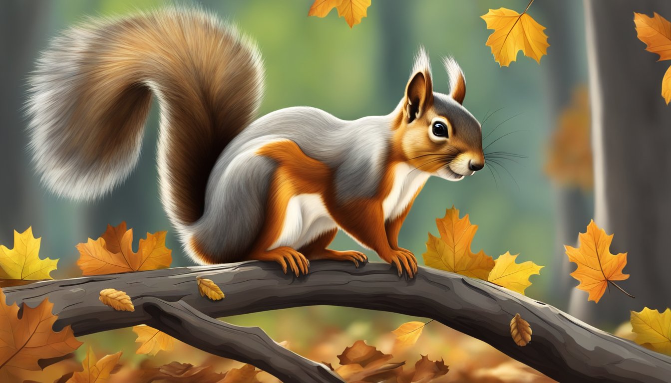 A squirrel perched on a tree branch, gathering acorns from the ground below. Fallen leaves and oak trees fill the forest floor