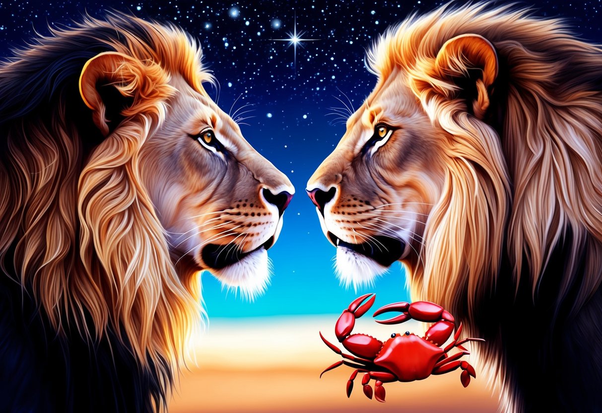 A lion and a crab facing each other under a starry sky