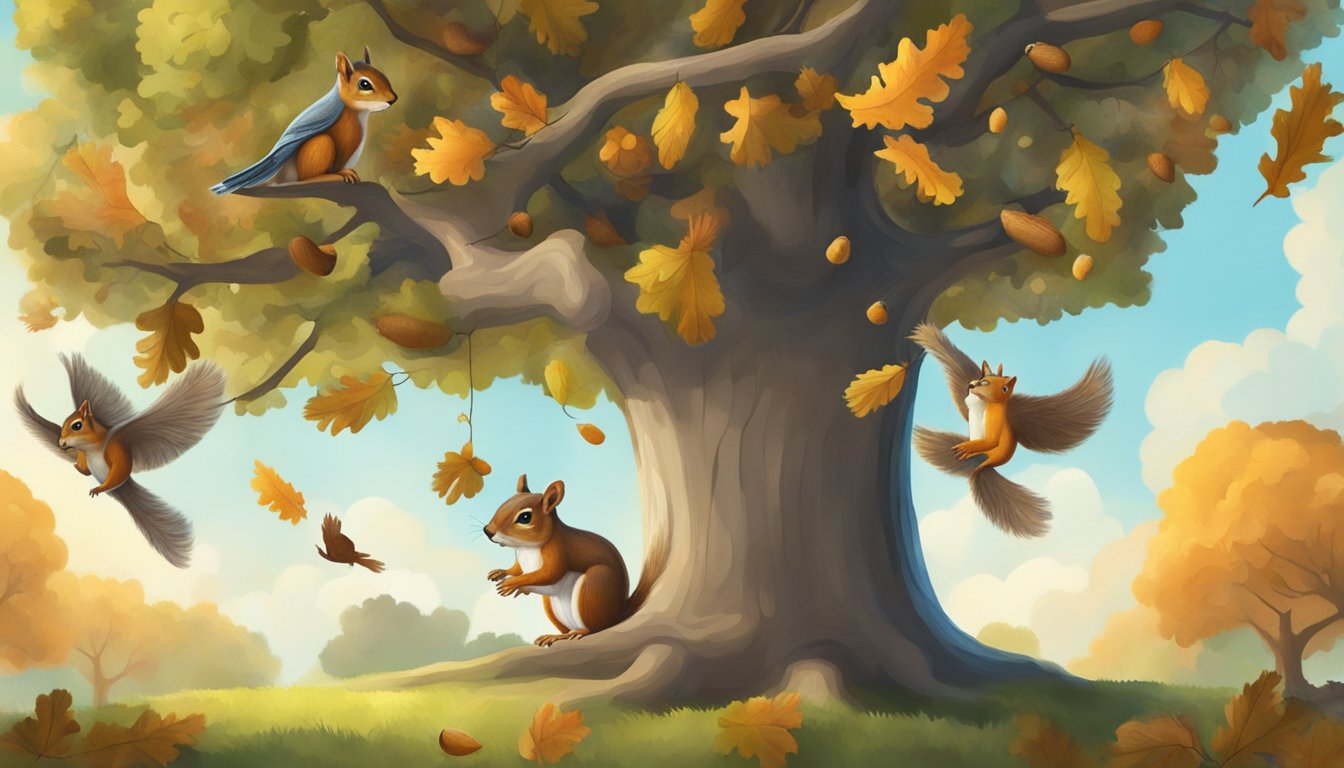 A squirrel gathers acorns from an oak tree while birds fly overhead