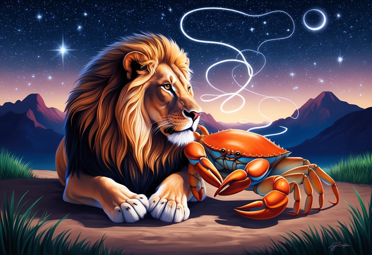 A lion and a crab nestled together under a starry sky, their energies intertwining in a dance of passion and nurturing love