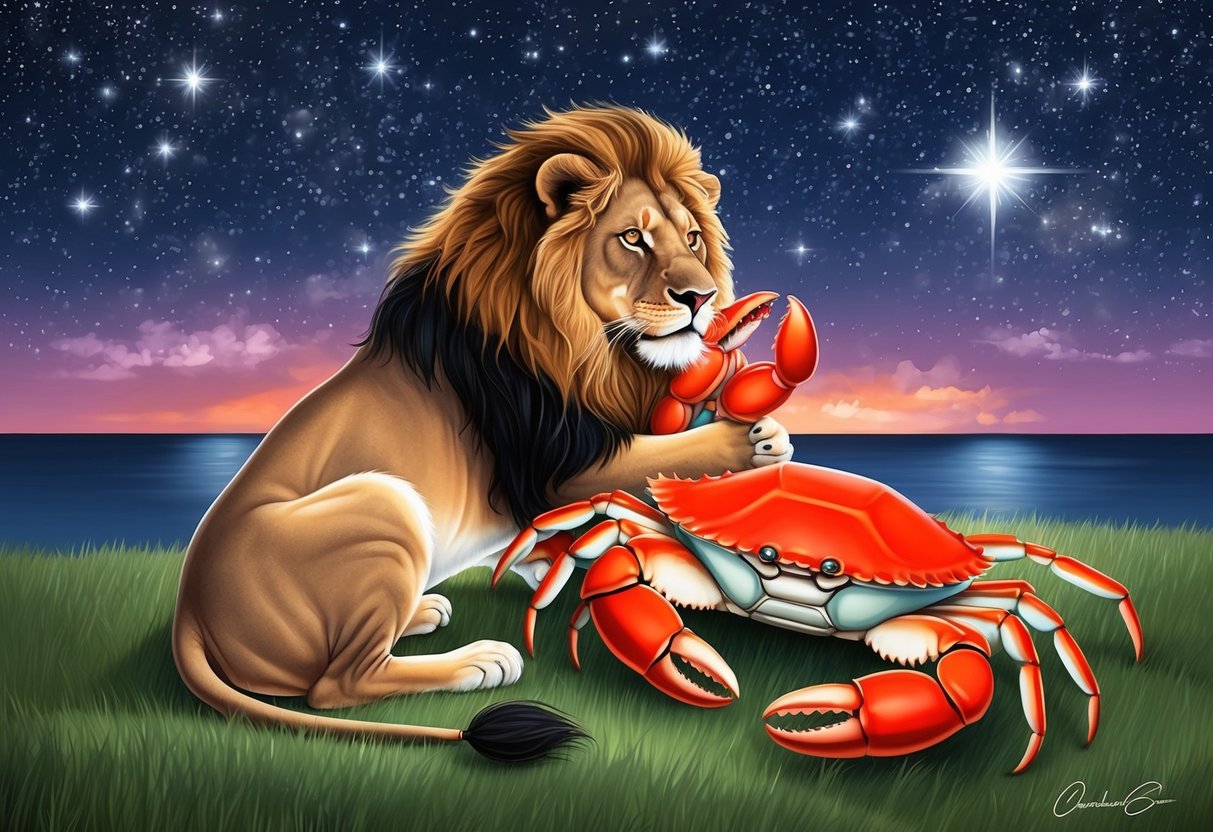 A lion and a crab sit together under a starry sky, sharing a warm and affectionate embrace