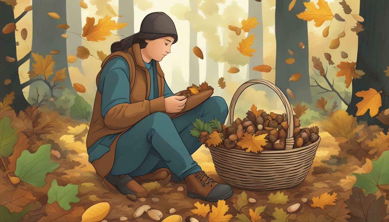 A person collecting acorns and oak leaves from the forest floor, with a basket of foraged items nearby