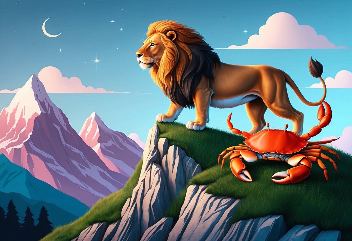 A lion and crab climb a mountain together, symbolizing personal growth and shared adventures in Leo and Cancer compatibility