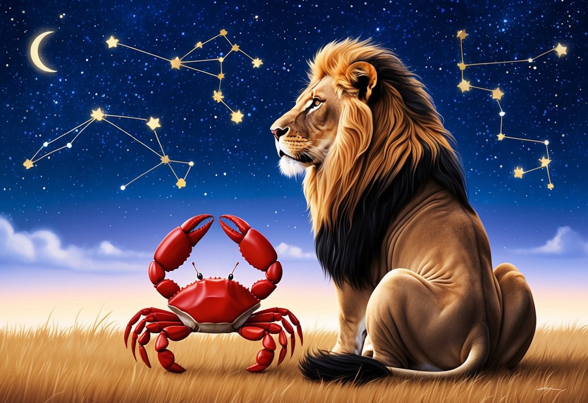 A lion and a crab sitting together under a starry sky, gazing at the constellations