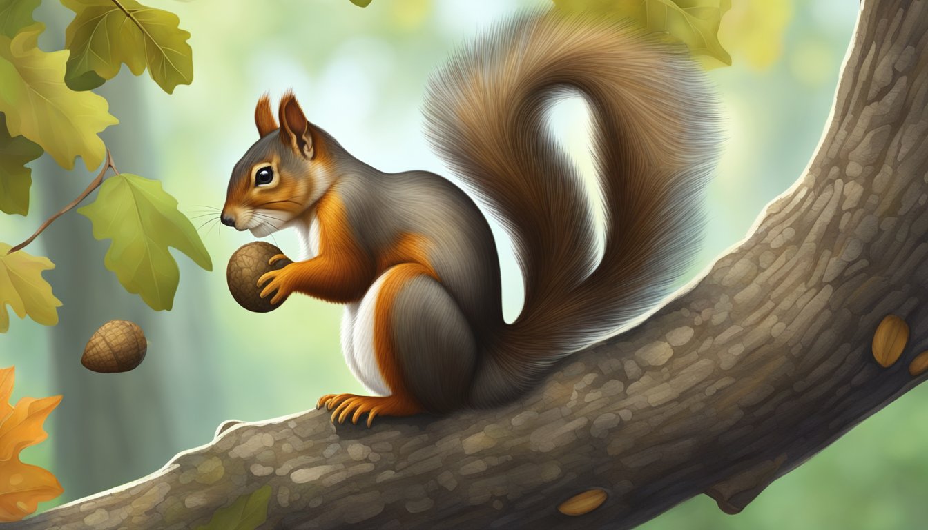 A squirrel perched on a branch, gathering acorns from a mature oak tree in a dense forest