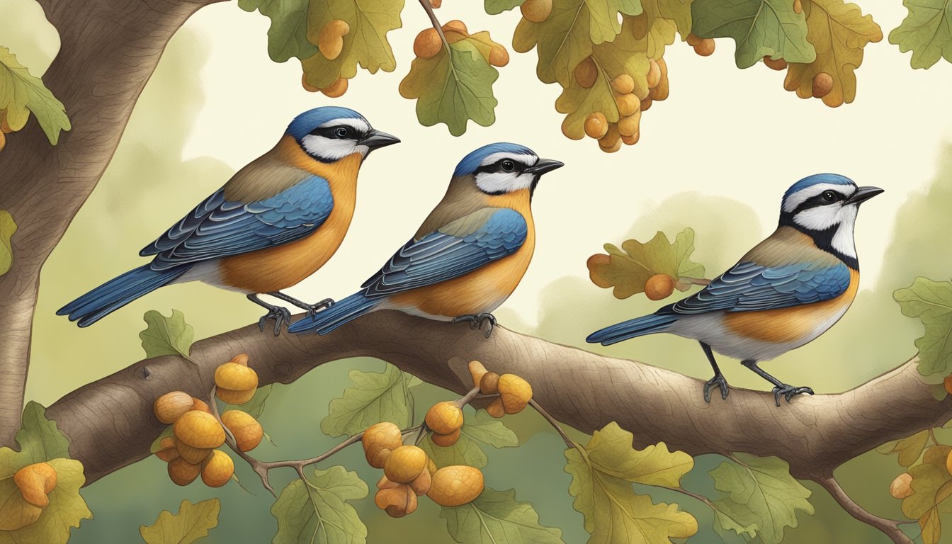 Two birds foraging and harvesting acorns from an oak tree