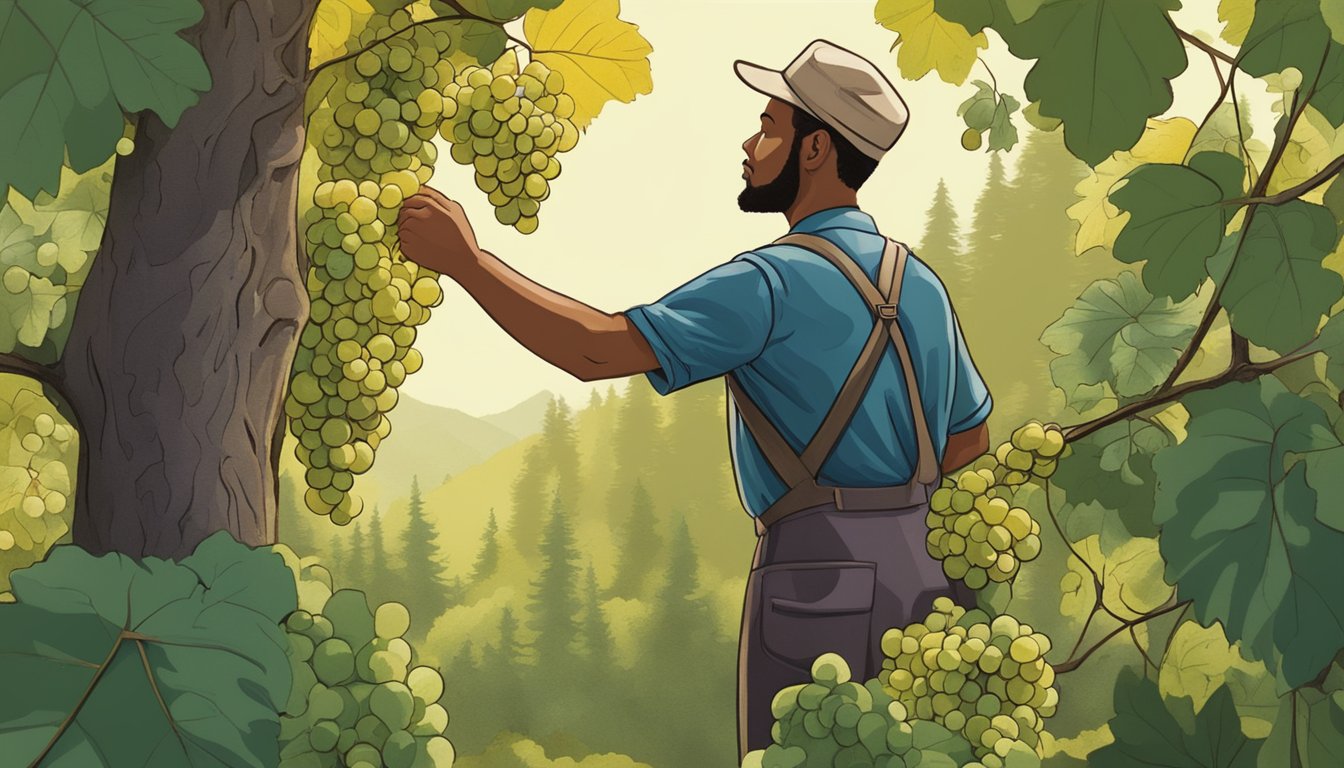 A person picking ripe Oregon grapes from a vine in a lush forest clearing