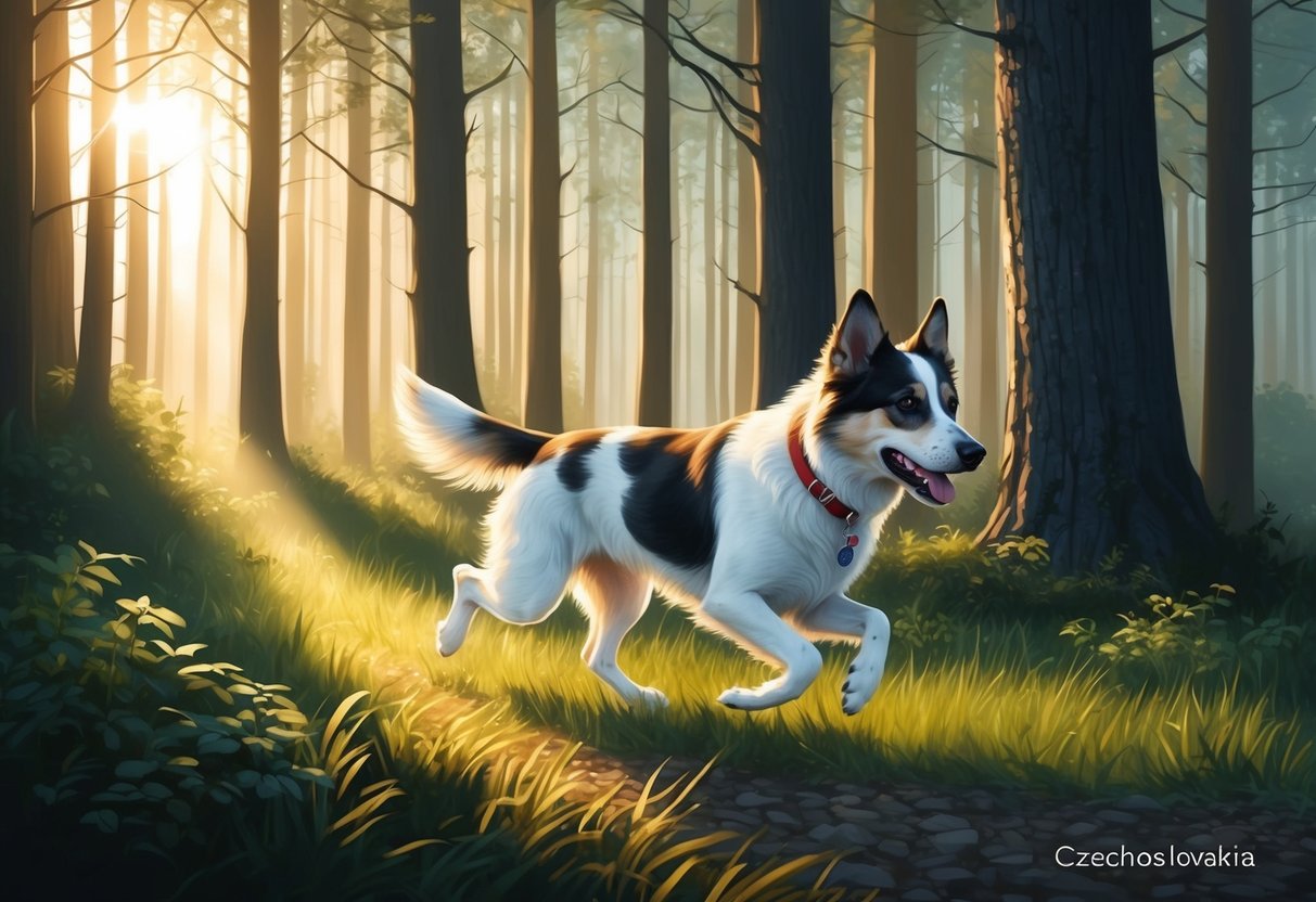 A Czechoslovakian Vlciak dog running through a dense forest, with sunlight filtering through the trees