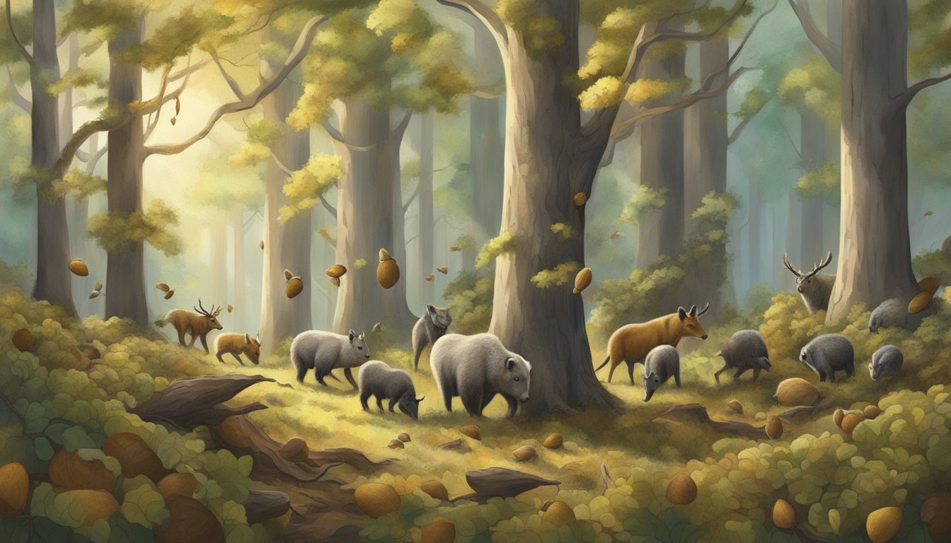 A group of animals foraging and harvesting acorns from Oregon white oak trees in a dense forest