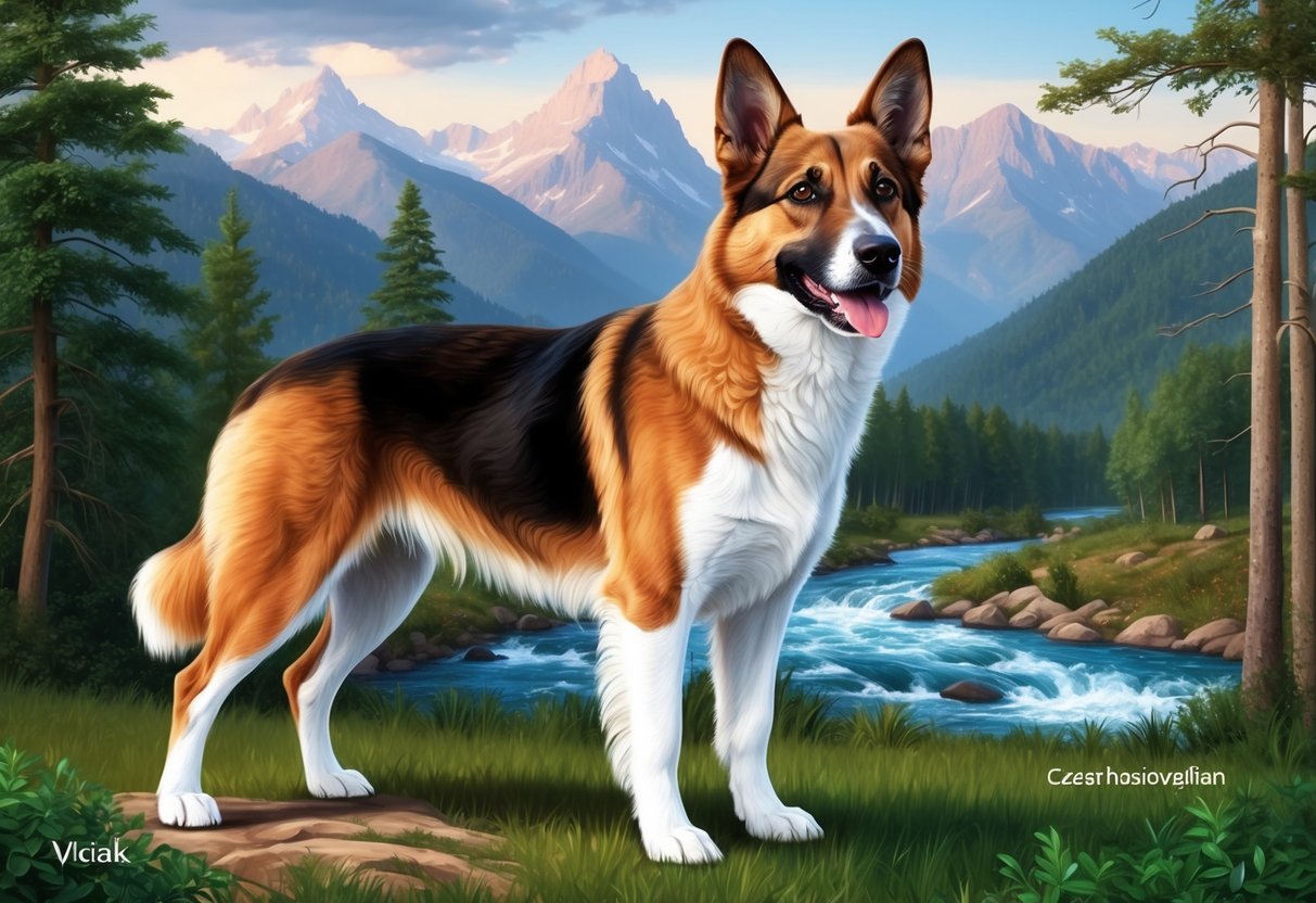 A Czechoslovakian Vlciak dog stands proudly in front of a backdrop of the Carpathian Mountains, with a forest and a rushing river in the background