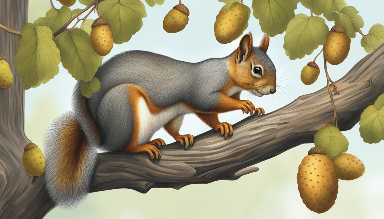 A squirrel perched on a low-hanging branch, foraging acorns from an Oregon white oak tree